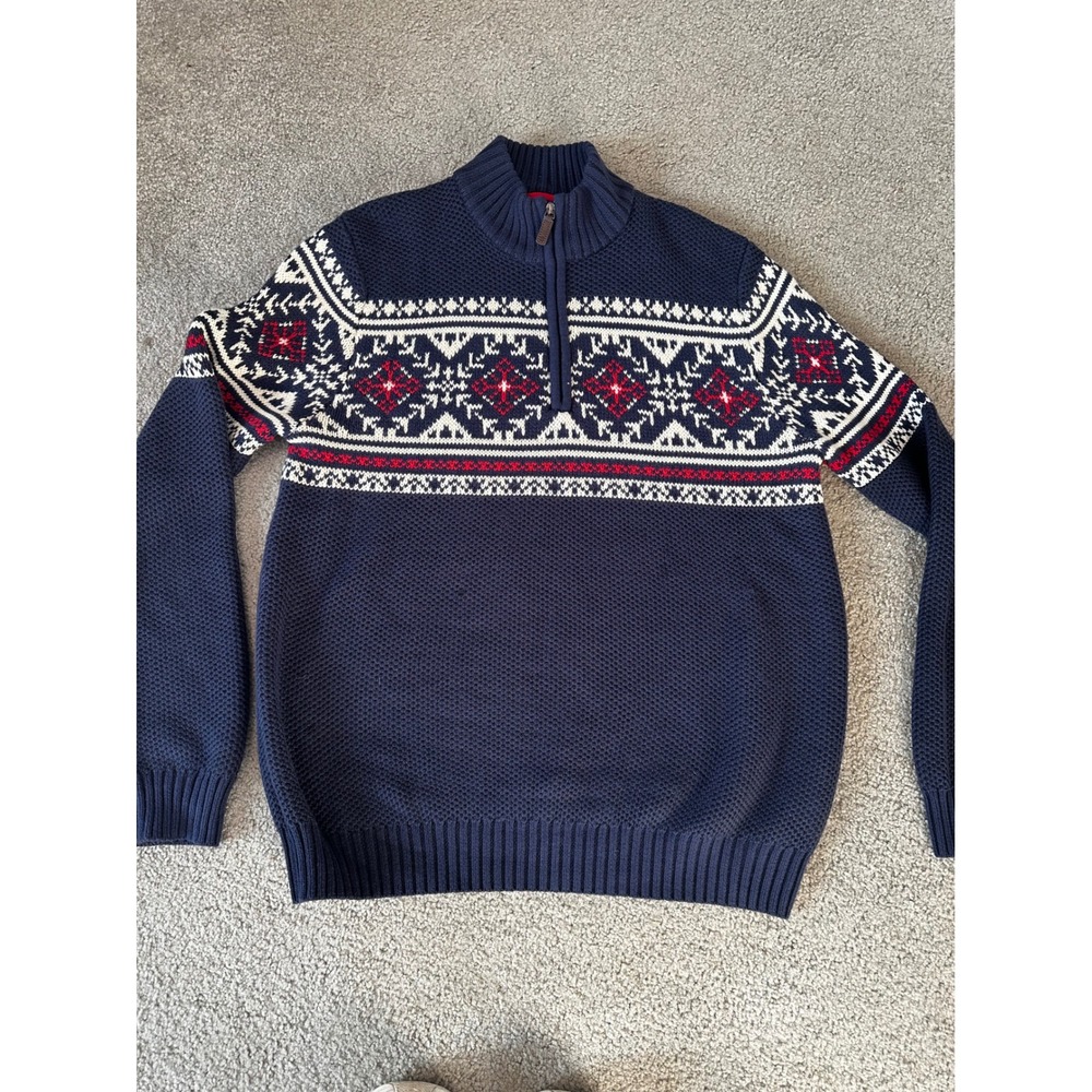 IZOD Mens Navy Blue Fair Isle Quarter Zip Sweater Cotton Blend Large